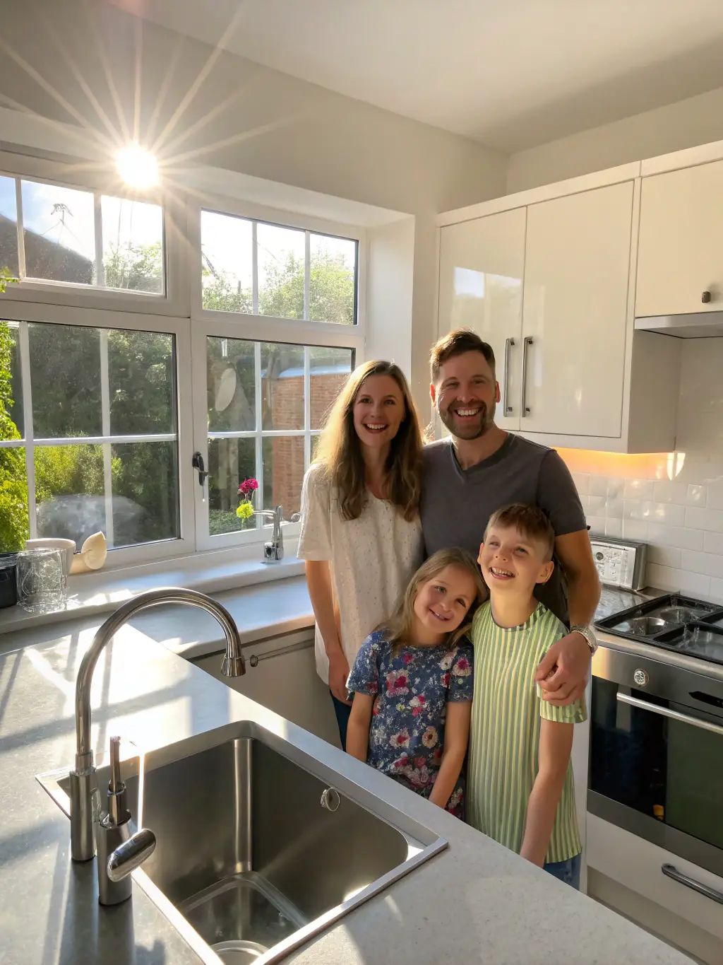 A photo of a family happily standing in front of their newly renovated kitchen, showcasing the joy and satisfaction of a successful home improvement project funded by a renovation loan.