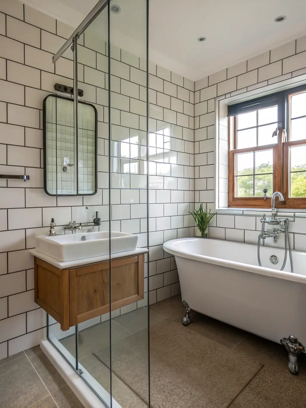 A picture of a modern bathroom with new tiles, fixtures, and lighting, highlighting the potential for increased property value through bathroom renovations.